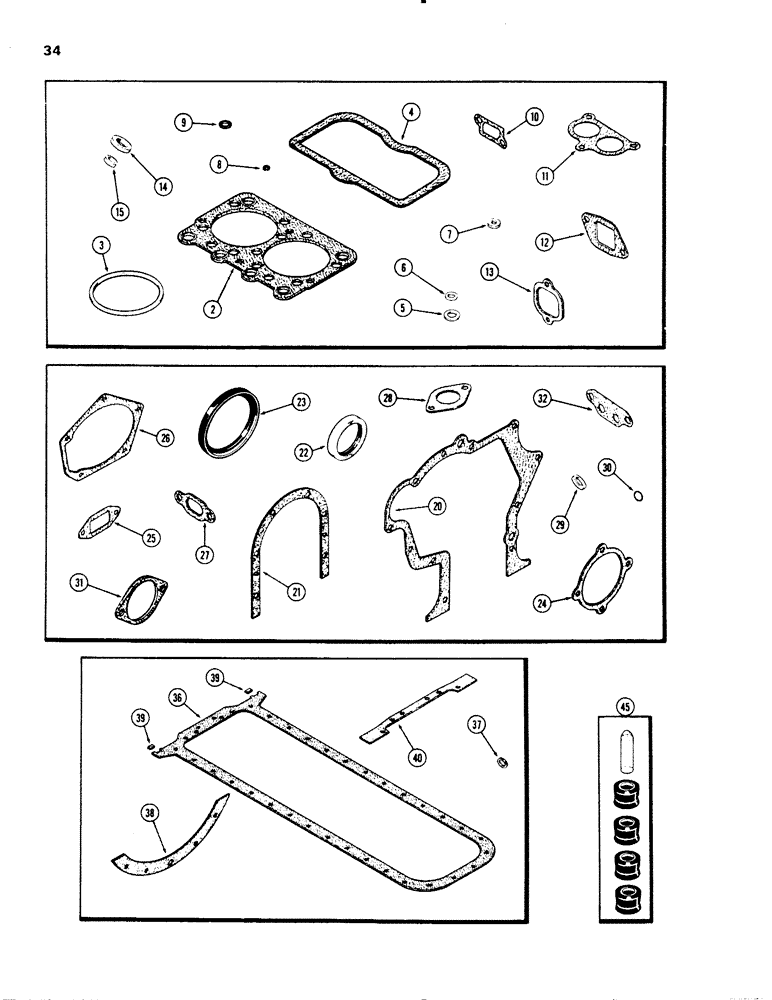 Схема запчастей Case W20 - (034) - ENGINE GASKET KITS, (401 BD) DIESEL ENGINE (02) - ENGINE