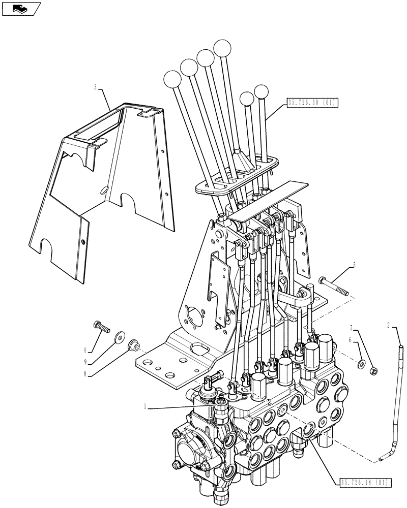 Схема запчастей Case 590SN - (35.726.19[01]) - VALVE INSTALL - BACKHOE CONTROL, 8 SPOOL (FOOT SWING) (35) - HYDRAULIC SYSTEMS