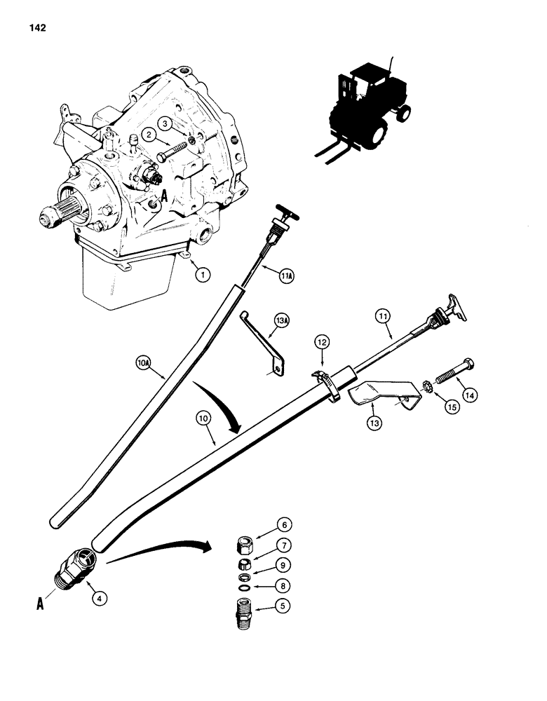 Схема запчастей Case 584D - (142) - POWER SHUTTLE MOUNTING AND DIPSTICK (21) - TRANSMISSION