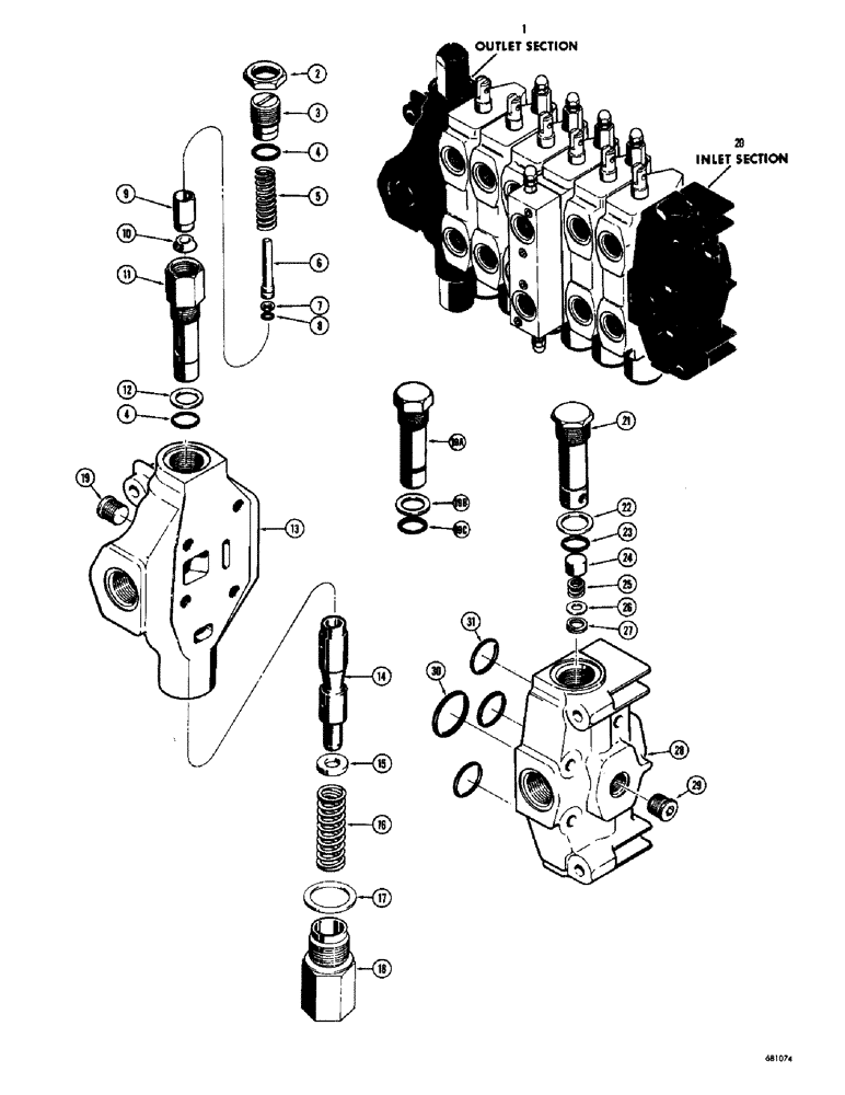 Схема запчастей Case 34 - (160) - D40758 & D48112 BACKHOE OUTLET SECTION, D40753 BACKHOE OUTLET SECTION, D40753 BACKHOE INLET SECTION 