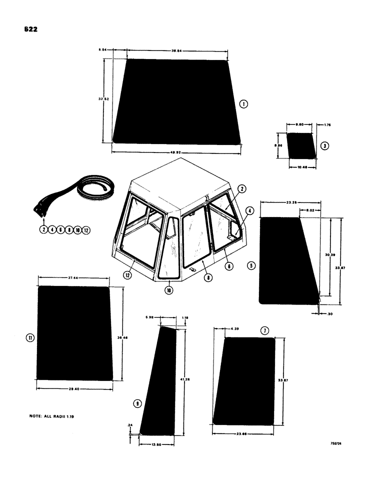 Схема запчастей Case 580C - (522) - CAB GLASS AND MOLDING (09) - CHASSIS/ATTACHMENTS