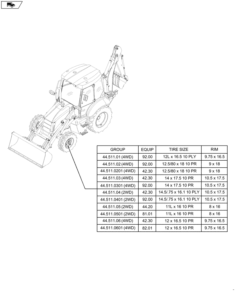 Схема запчастей Case 590SN - (44.000.00[02]) - PICTORIAL INDEX - AXLE AND WHEELS, FRONT (44) - WHEELS