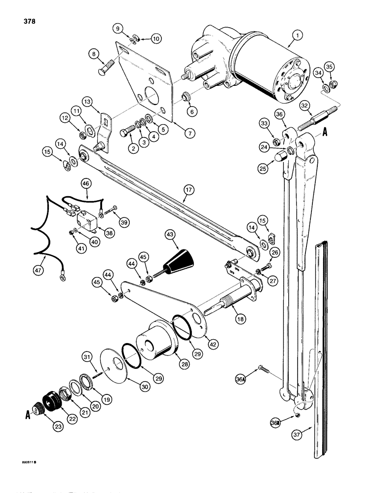 Схема запчастей Case 680H - (378) - CAB REAR WINDSHIELD WIPER, MODELS WITH SHORT WIPER POSITIONING LEVER( ITEM 42), IF USED (09) - CHASSIS/ATTACHMENTS
