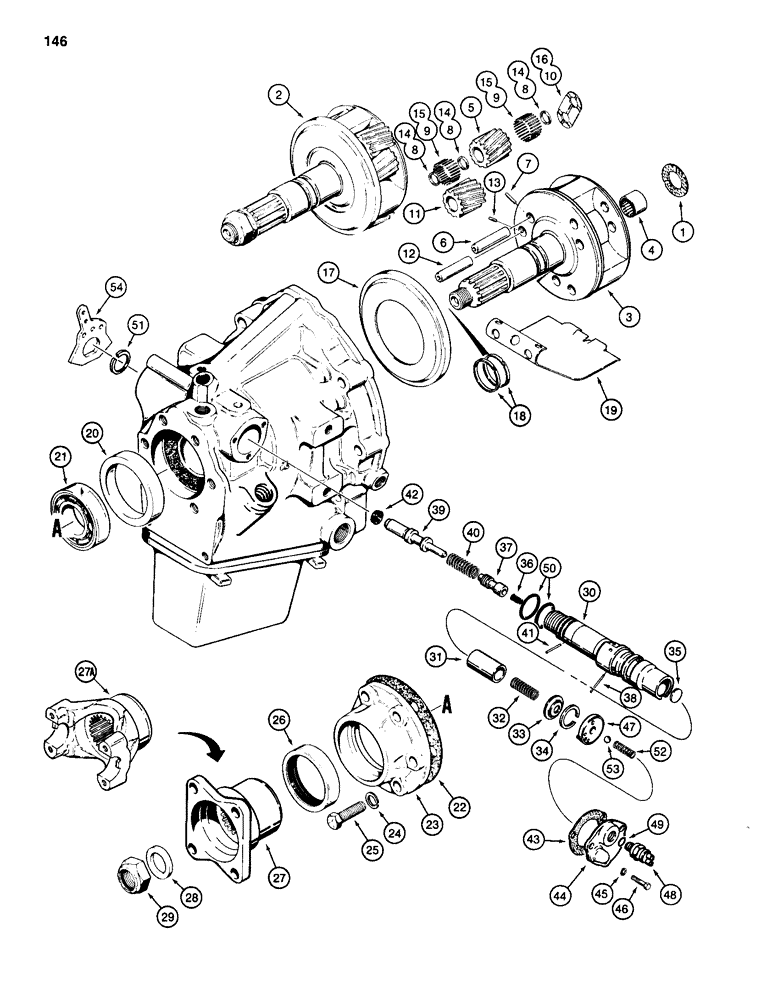 Схема запчастей Case 584D - (146) - POWER SHUTTLE, PINION CAGE, OUTPUT SHAFT AND CONTROL VALVE (21) - TRANSMISSION