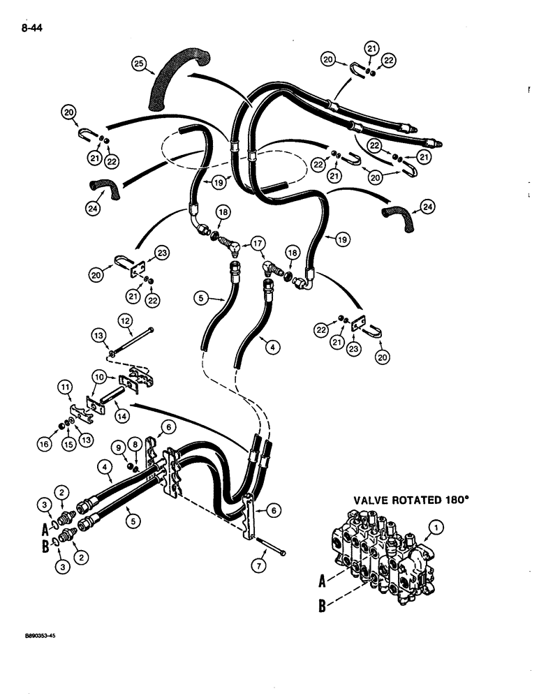 Схема запчастей Case 680L - (8-044) - BACKHOE BUCKET CYLINDER HYDRAULIC CIRCUIT, USED ON HIGH PROFILE MODELS WITH EXTENDABLE DIPPER (08) - HYDRAULICS