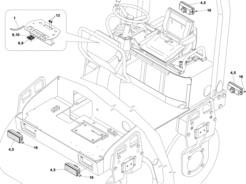 Схема запчастей Case DV204 - (04-421/124[01]) - WORK LIGHTS - FRONT AND REAR (06) - ELECTRICAL SYSTEMS