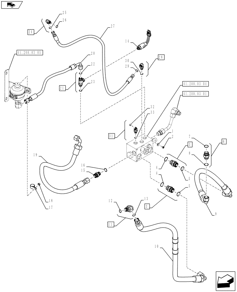 Схема запчастей Case 921F - (41.200.03[04]) - STEERING AUXILIARY, MANIFOLD HOSES AND CONNECTORS (41) - STEERING