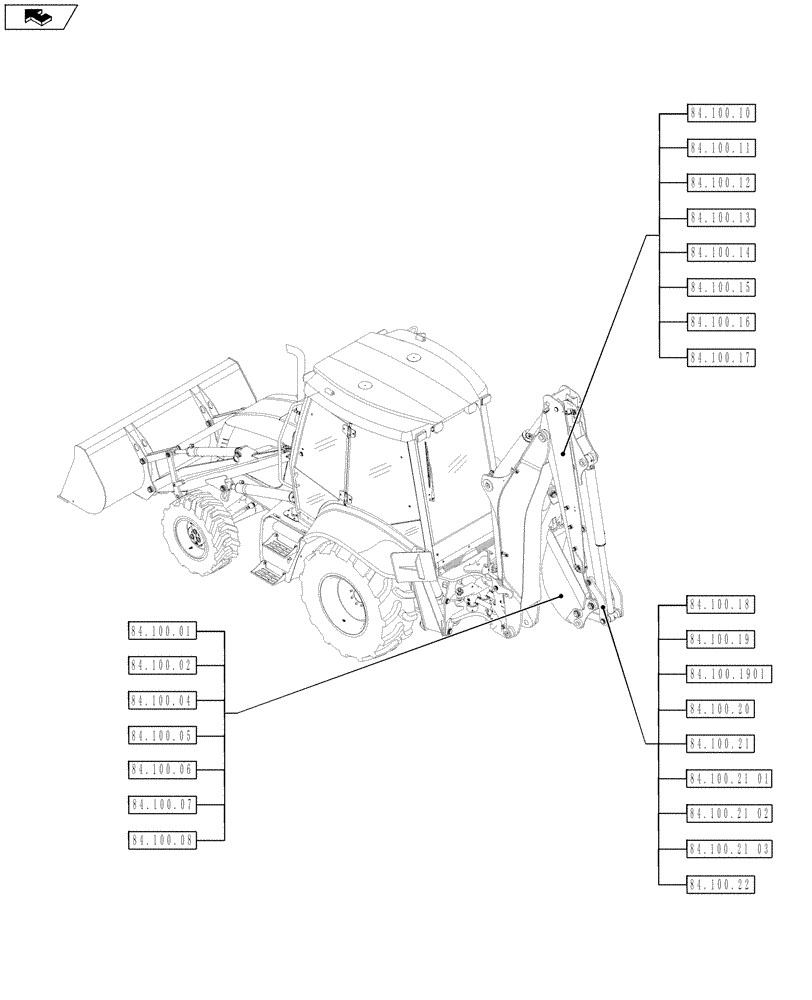 Схема запчастей Case 580SN WT - (84.000.00[01]) - PICTORIAL INDEX - FRONT LOADER (84) - BOOMS, DIPPERS & BUCKETS