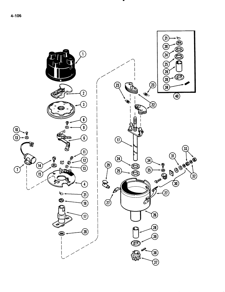 Схема запчастей Case 1835B - (4-106) - DISTRIBUTOR ASSEMBLY, 148B SPARK IGNITION ENGINE (04) - ELECTRICAL SYSTEMS