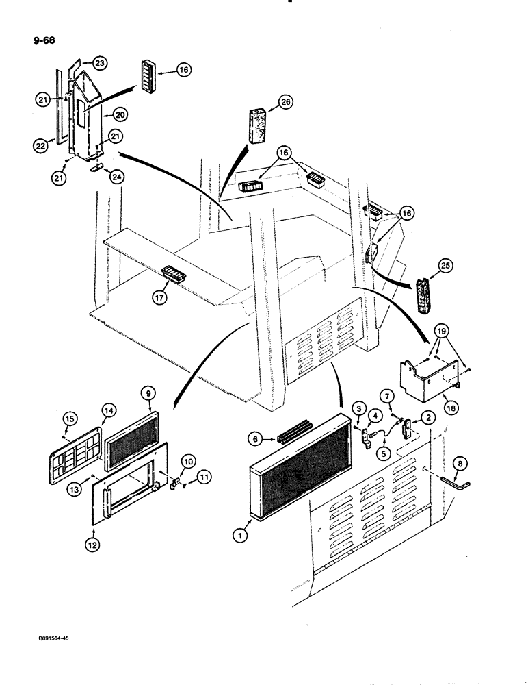 Схема запчастей Case 621 - (9-068) - CAB FILTERS, VENTS, AND LOUVERS, CABS WITH SINGLE LOUVER AIR VENT (09) - CHASSIS/ATTACHMENTS