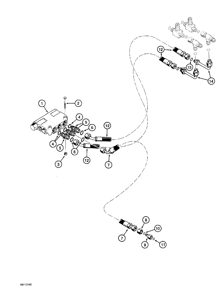 Схема запчастей Case 921 - (5-007A) - STEERING HYDRAULIC CIRCUIT, CUSHION VALVE TO TEES TO STEERING PRESSURE & RETURN LINES & STEERING CYL (05) - STEERING