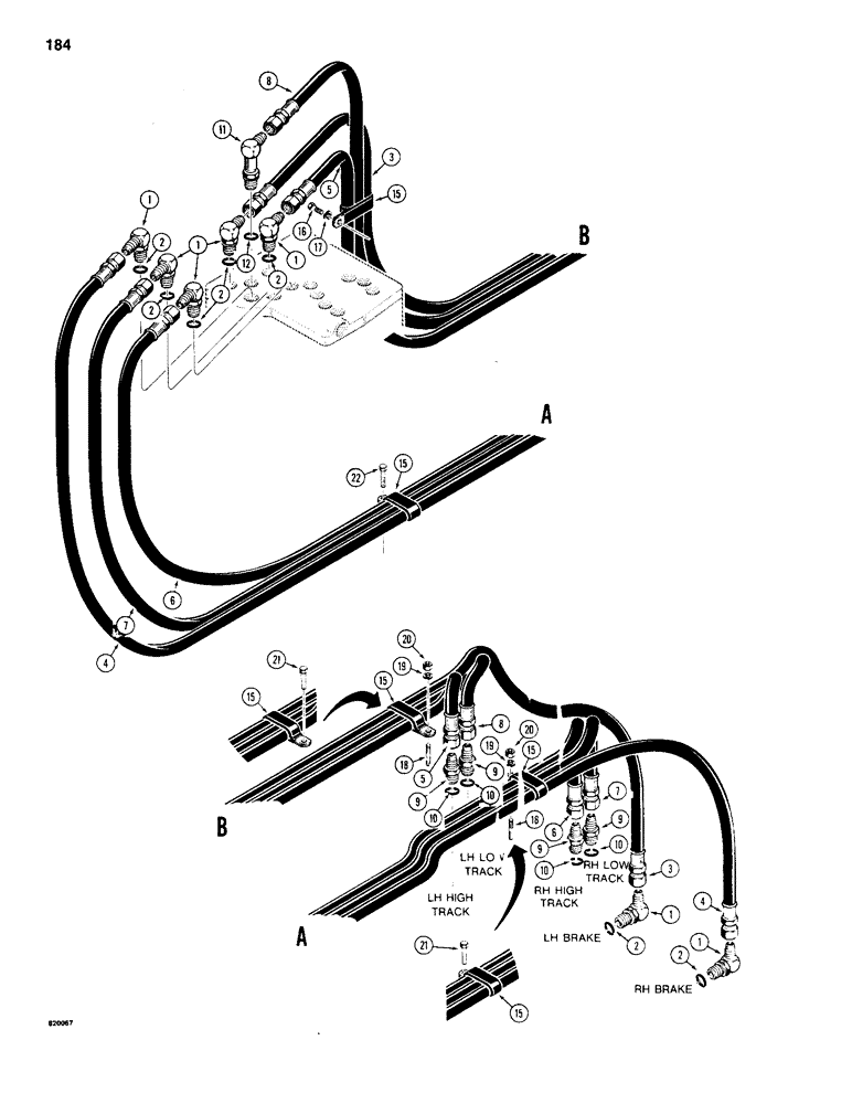 Схема запчастей Case 1150B - (184) - TRANS. HYDRAULIC CIRCUITS, VALVE TO FRONT OF TRANS., G100422 TRANS., TRANS. SN 2806173 & AFT (03) - TRANSMISSION