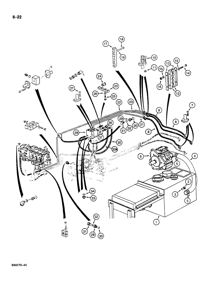 Схема запчастей Case 125B - (8-022) - HYDRAULIC PUMP LINES, P.I.N. 74428, 74430 THROUGH 74433,74435 THROUGH 74441, & 74446 THROUGH 74630 (08) - HYDRAULICS