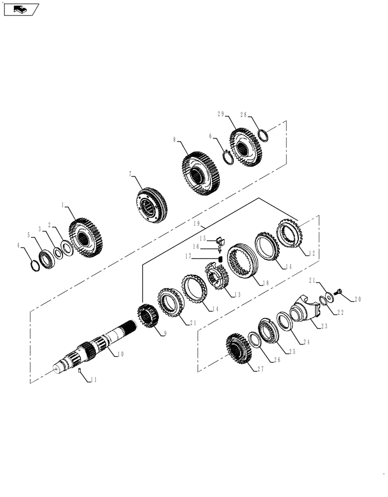 Схема запчастей Case 580SN - (21.154.09) - TRANSMISSION - 2WD / 4WD POWERSHIFT S TYPE- SHAFT, SECONDARY (21) - TRANSMISSION