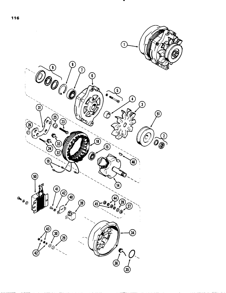 Схема запчастей Case 1845S - (116) - A38815 ALTERNATOR, (159) SPARK AND (188) DIESEL ENGINES PRESTOLITE (55) - ELECTRICAL SYSTEMS