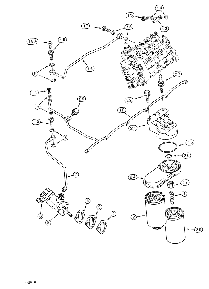Схема запчастей Case 1150G - (3-011A) - FUEL FILTER AND LIFT PUMP, 6T-590 EMISSIONS CERTIFIED ENGINE, JJG0218023 AND JJG0218479 AND AFTER (02) - FUEL SYSTEM