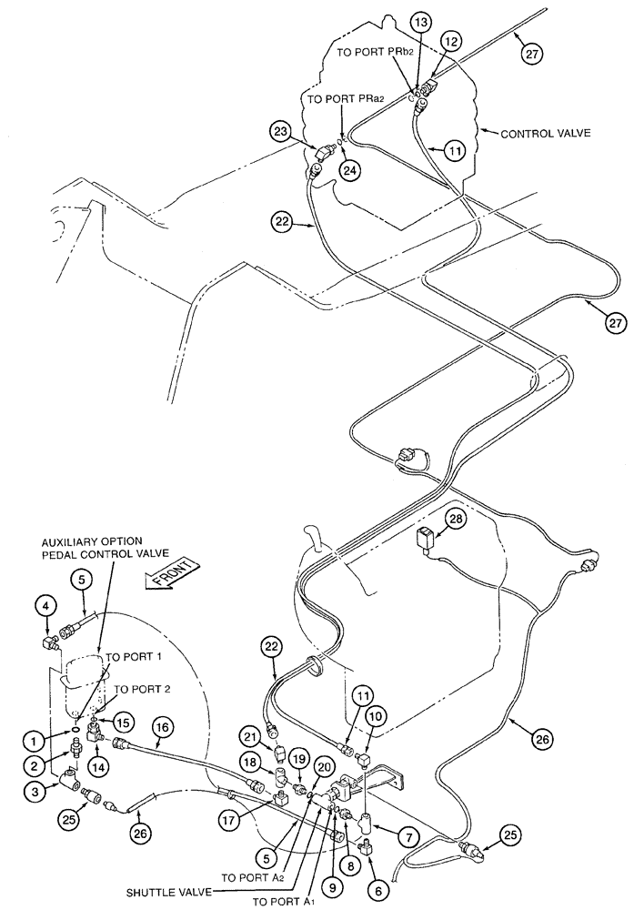 Схема запчастей Case 9050B - (8-106) - DOUBLE ACTION AUXILIARY EQUIPMENT OPTION, PILOT CONTROL LINE, PEDAL FORWARD SIGNAL LINE (08) - HYDRAULICS