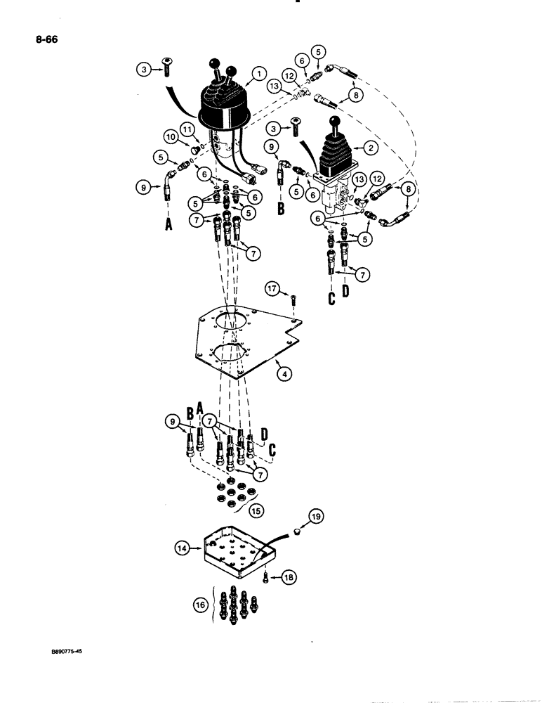 Схема запчастей Case 621 - (8-66) - REMOTE LOADER CONTROL CIRCUIT, THREE LEVERS WITH THREE SPOOL VALVE (08) - HYDRAULICS