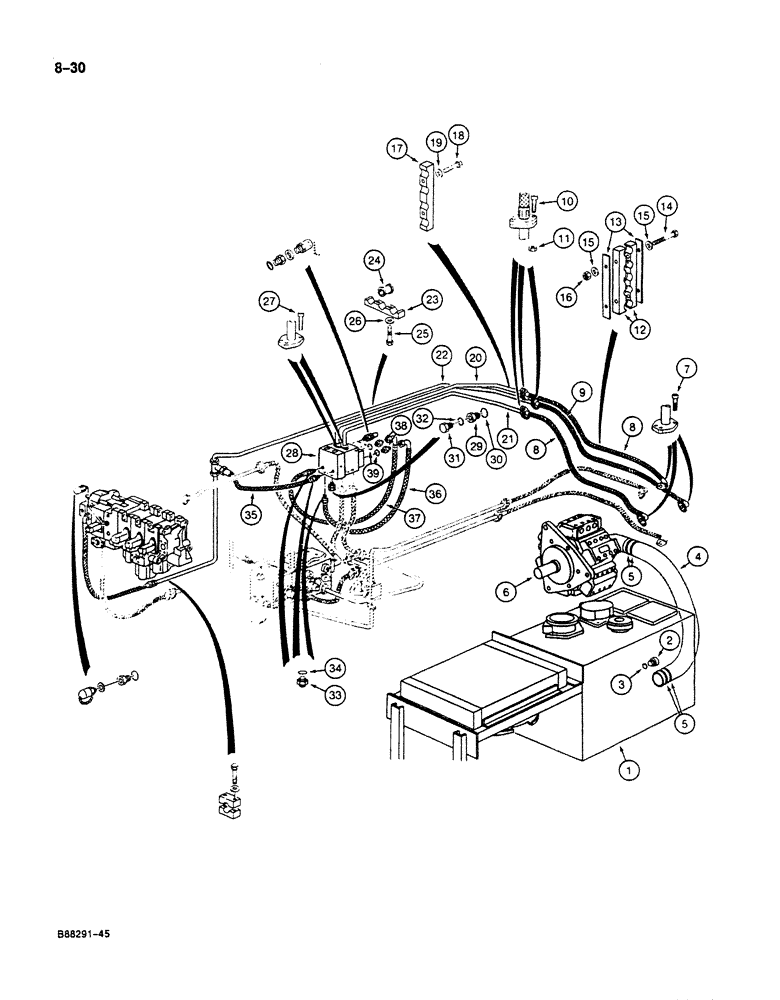 Схема запчастей Case 125B - (8-030) - HYDRAULIC PUMP LINES, P.I.N. 74631 THROUGH 74844 (08) - HYDRAULICS