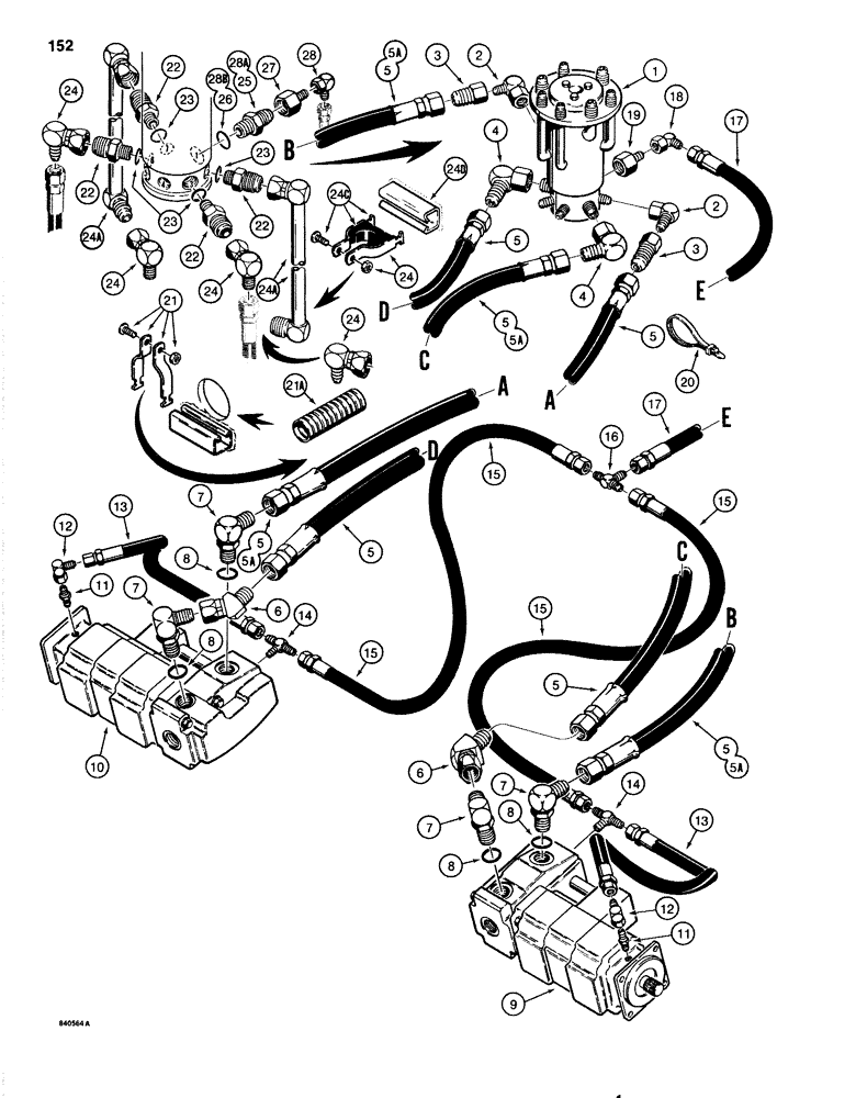 Схема запчастей Case 1080 - (152) - TRACK DRIVE HYDRAULIC LINES - LOWER, TWO SPEED (48) - TRACKS & TRACK SUSPENSION