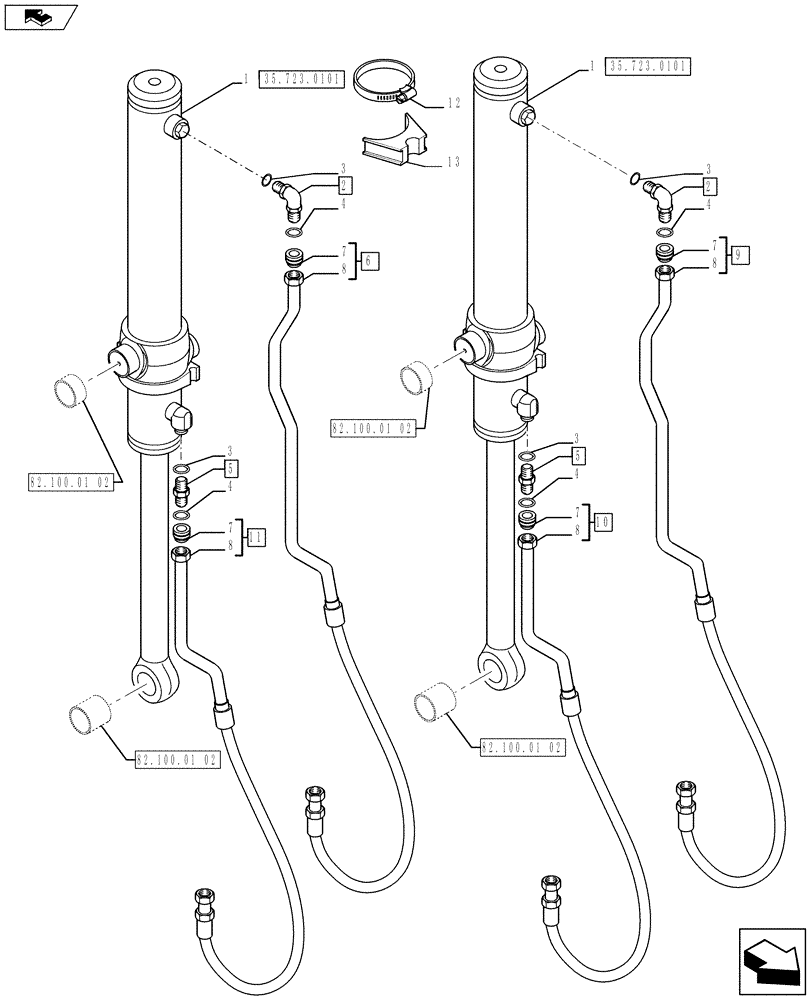 Схема запчастей Case 580SN - (35.723.0201) - FRONT LOADER HYDRAULIC SYSTEM - BUCKET CYLINDER LINES (35) - HYDRAULIC SYSTEMS