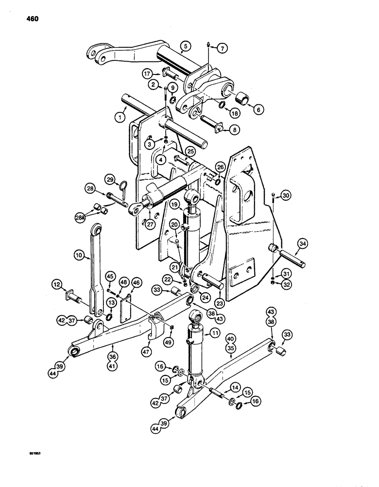 Схема запчастей Case 480LL - (460) - THREE-POINT HITCH DRAFT ARMS, LINKAGE, AND CYLINDERS, USED W/HYD CLUTCH (37) - HITCHES, DRAWBARS & IMPLEMENT COUPLINGS