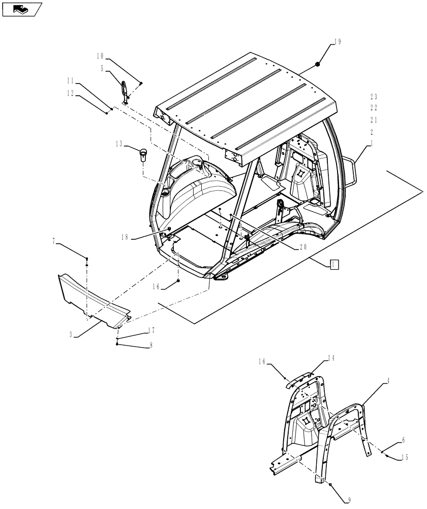 Схема запчастей Case 590SN - (90.150.09) - CANOPY, ROPS - FRAME, COVERS, MIRROR, VISOR (90) - PLATFORM, CAB, BODYWORK AND DECALS