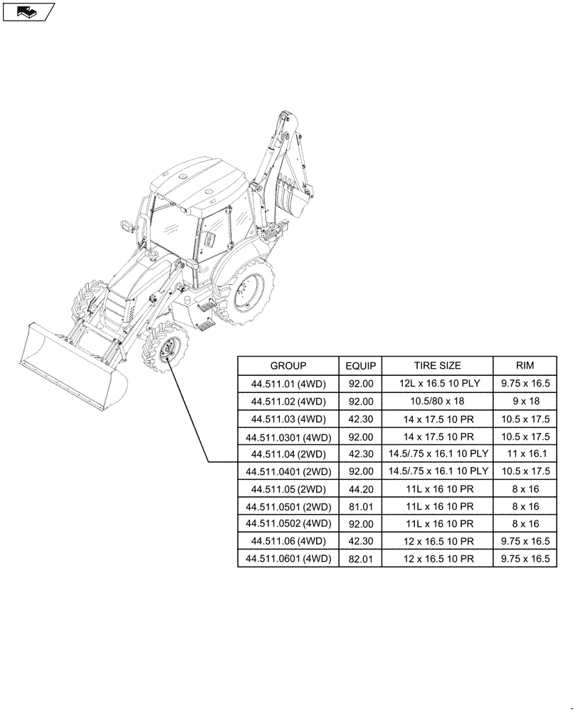 Схема запчастей Case 590SN - (44.000.00[02]) - SECTION INDEX - AXLE AND WHEELS, FRONT (44) - WHEELS
