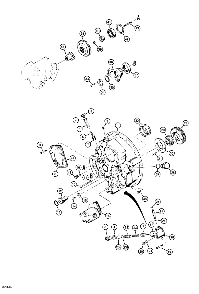 Схема запчастей Case 1150G - (6-002) - TORQUE CONVERTER, HOUSING, COVERS, GEARS AND MOUNTING (03) - TRANSMISSION