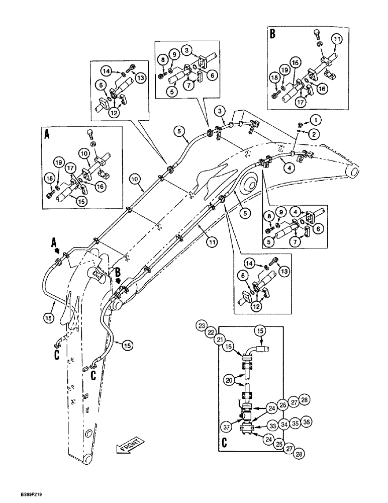 Схема запчастей Case 9060B - (8-113A) - AUXILIARY EQUIPMENT OPTION LINES,2.5, 3.4, 4.0 OR 5.4 METER ARM, P.I.N. EAC0601060 AND AFTER (08) - HYDRAULICS