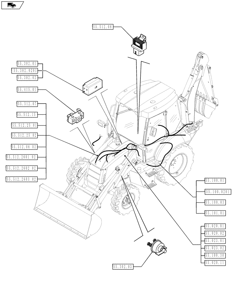 Схема запчастей Case 590SN - (55.000.00[02]) - PICTORIAL INDEX - ELECTRICAL SYSTEM (55) - ELECTRICAL SYSTEMS