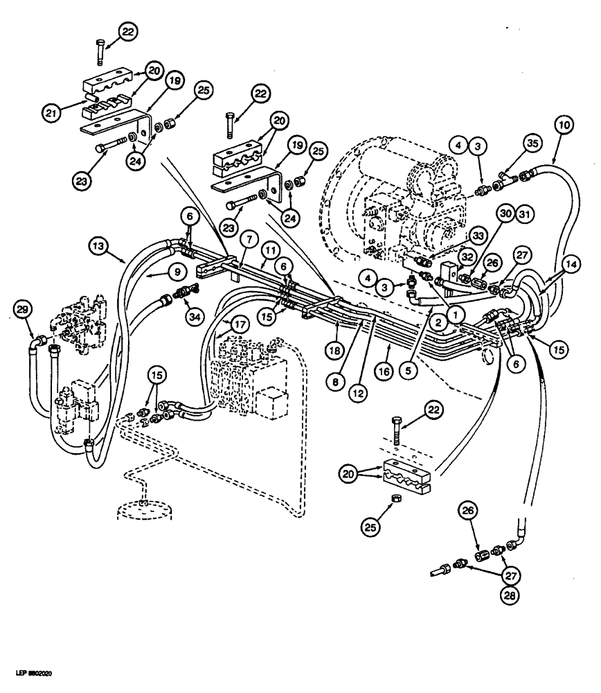 Схема запчастей Case 688 - (8-032) - HYDRAULIC PUMP LINES, PUMP TO SWING VALVE, SOLENOID VALVE AND SWIVEL (08) - HYDRAULICS