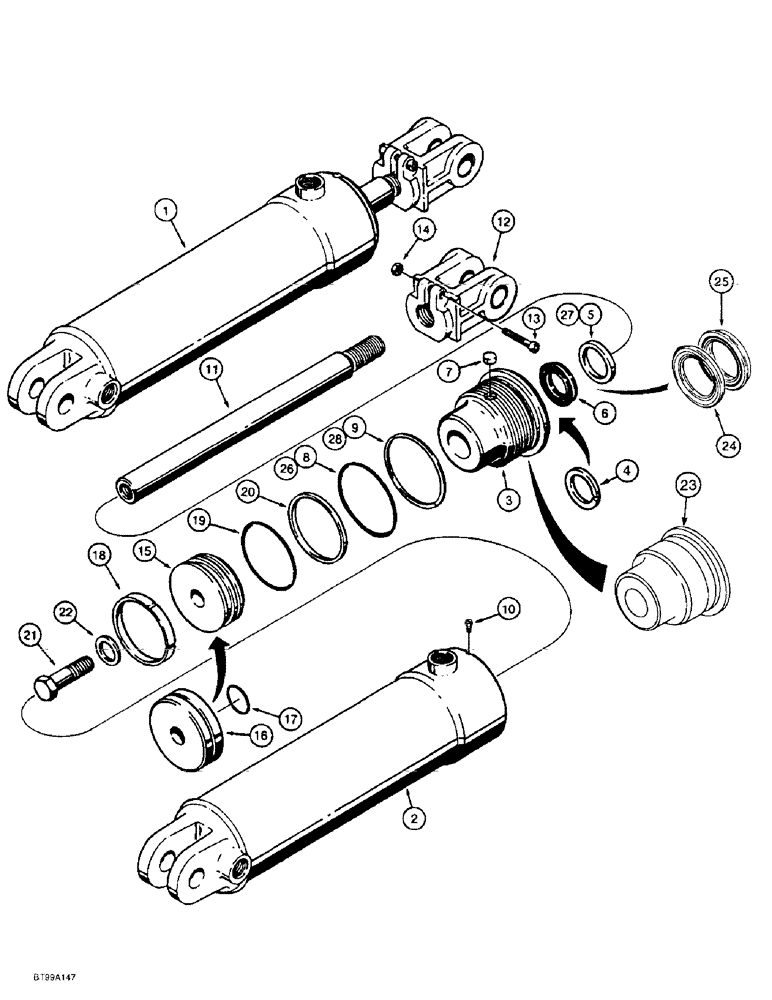 Схема запчастей Case 584E - (8-43) - TILT CYLINDERS, MODELS WITH SINGLE OR DUAL LIFT CYLINDERS, WITHOUT 31 DEGREE FORWARD MAST TILT (08) - HYDRAULICS