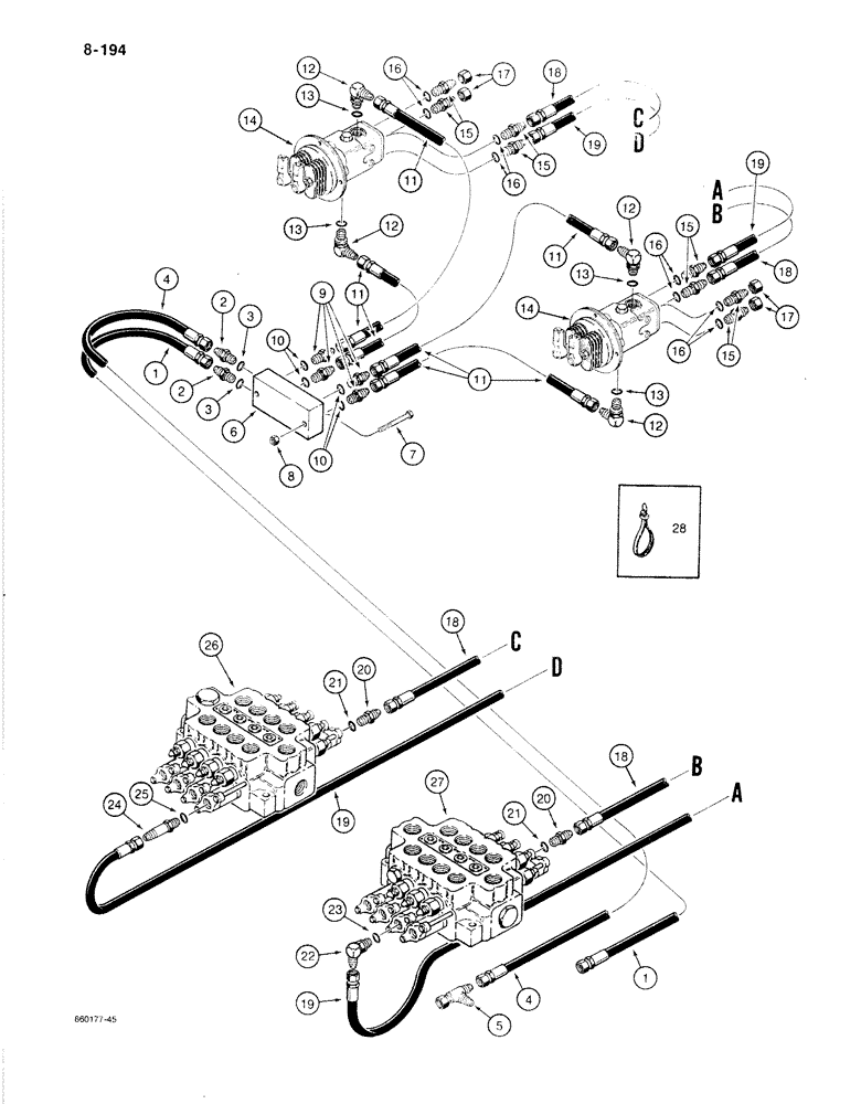 Схема запчастей Case 1080B - (8-194) - HYDRAULIC CIRCUIT FOR CONTROLS, MANIFOLD AND HAND CONTROL VALVE LINES (08) - HYDRAULICS