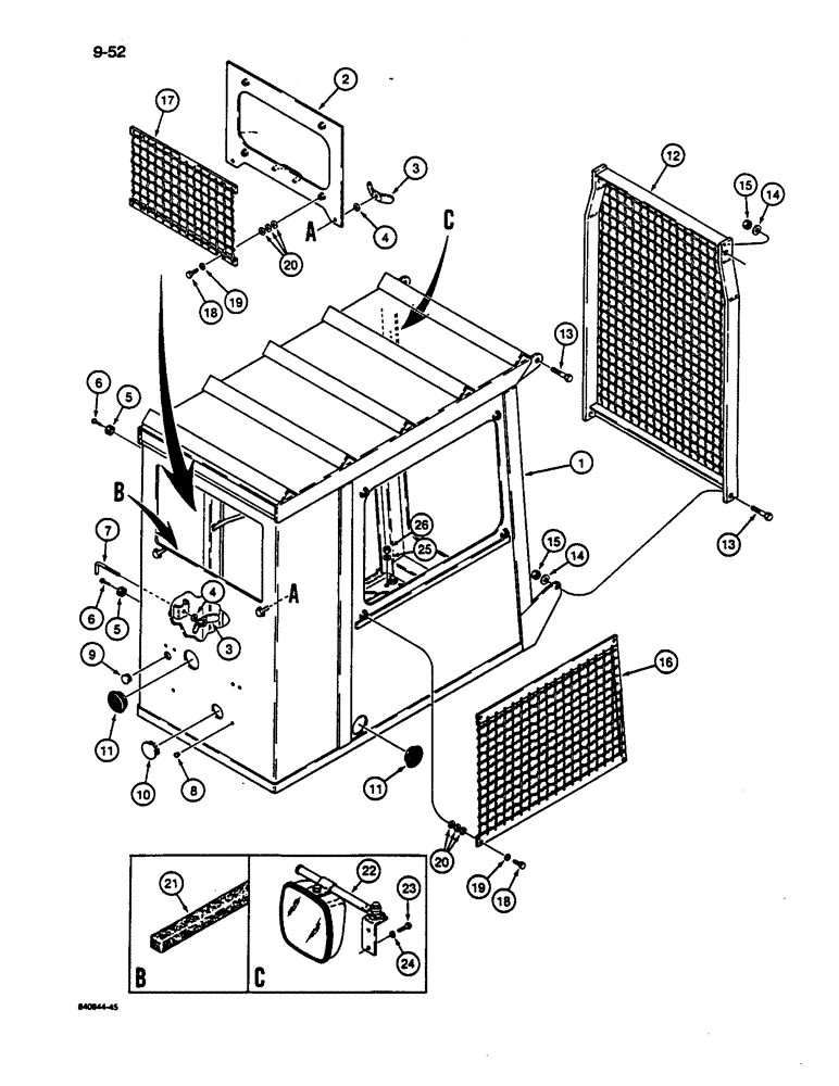 Схема запчастей Case 1187C - (9-52) - LOGGER CAB, CAB AND WINDOW GUARDS (09) - CHASSIS