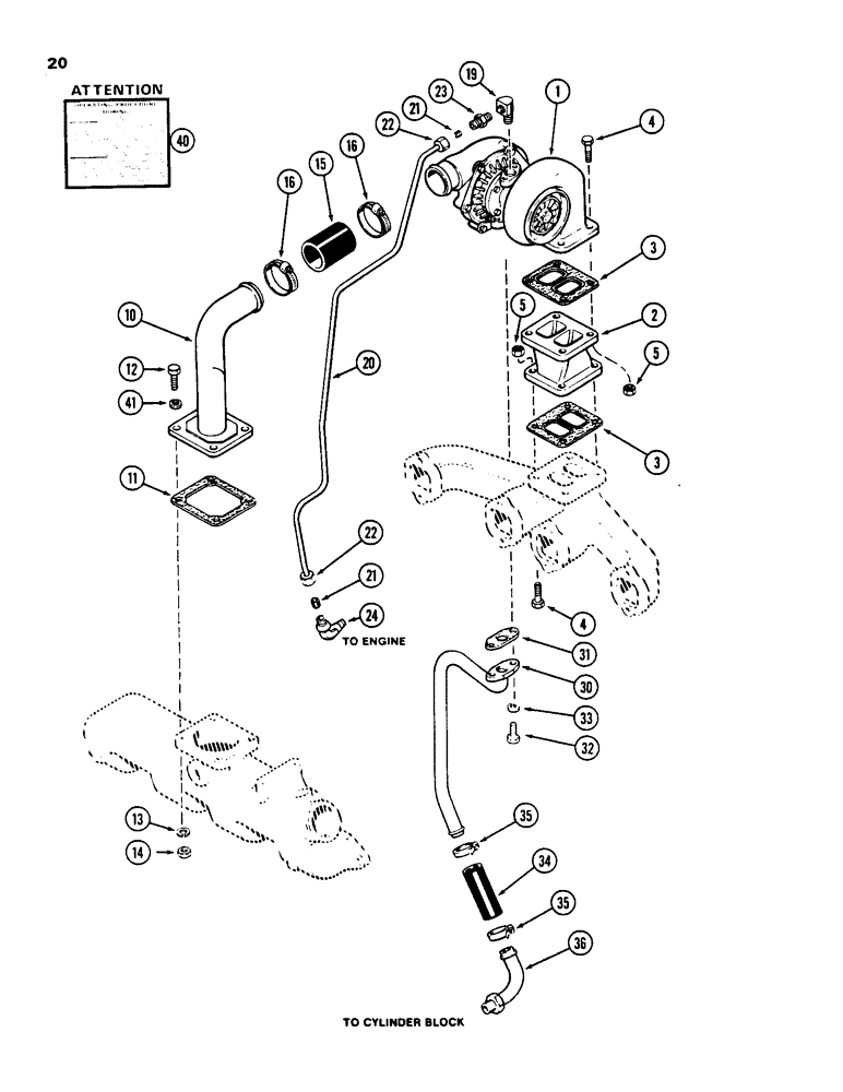 Схема запчастей Case 850C - (020) - TURBOCHARGER SYSTEM, 336BDT TURBOCHARGED ENGINE, ALTITUDE COMPENSATING (01) - ENGINE