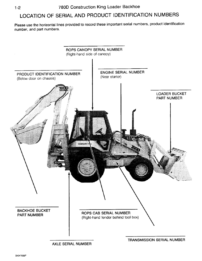 Схема запчастей Case 780D - (1-02) - LOCATION OF SERIAL AND PRODUCT IDENTIFICATION NUMBERS (00) - PICTORIAL INDEX