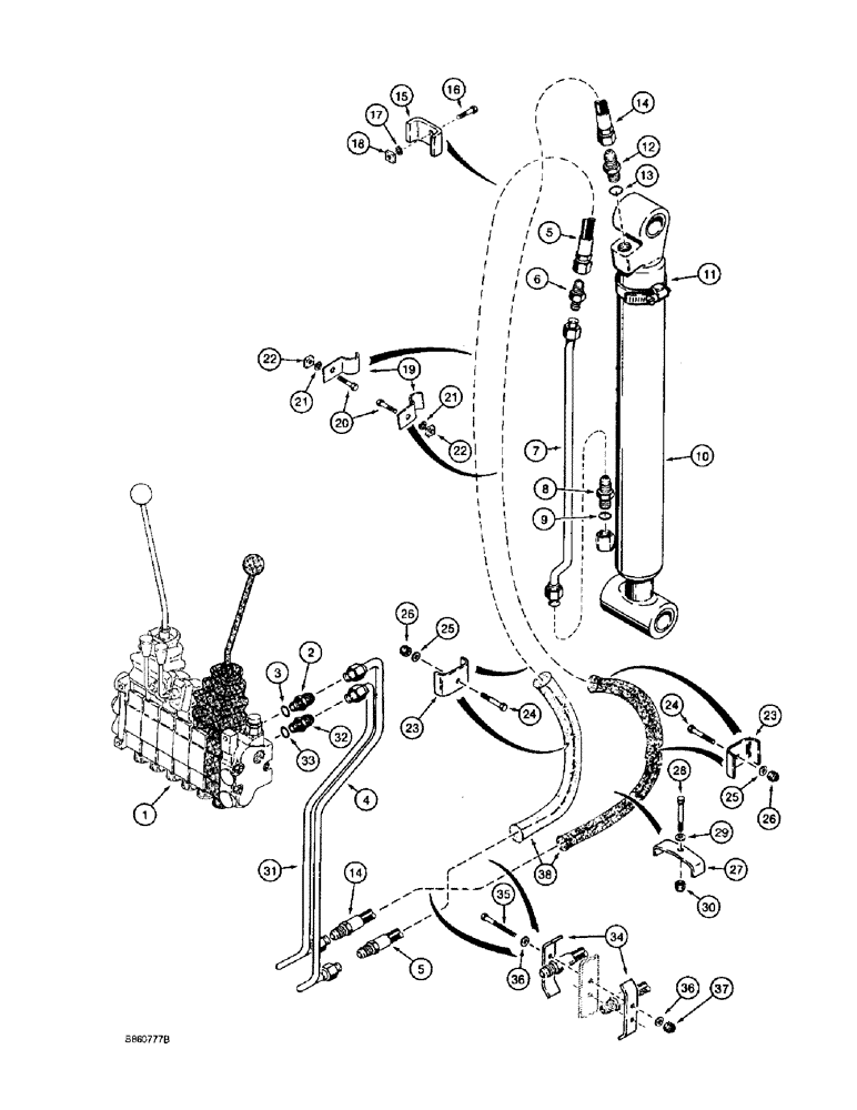 Схема запчастей Case 860 - (8-038) - BACKHOE BUCKET CYLINDER HYDRAULIC CIRCUIT (08) - HYDRAULICS