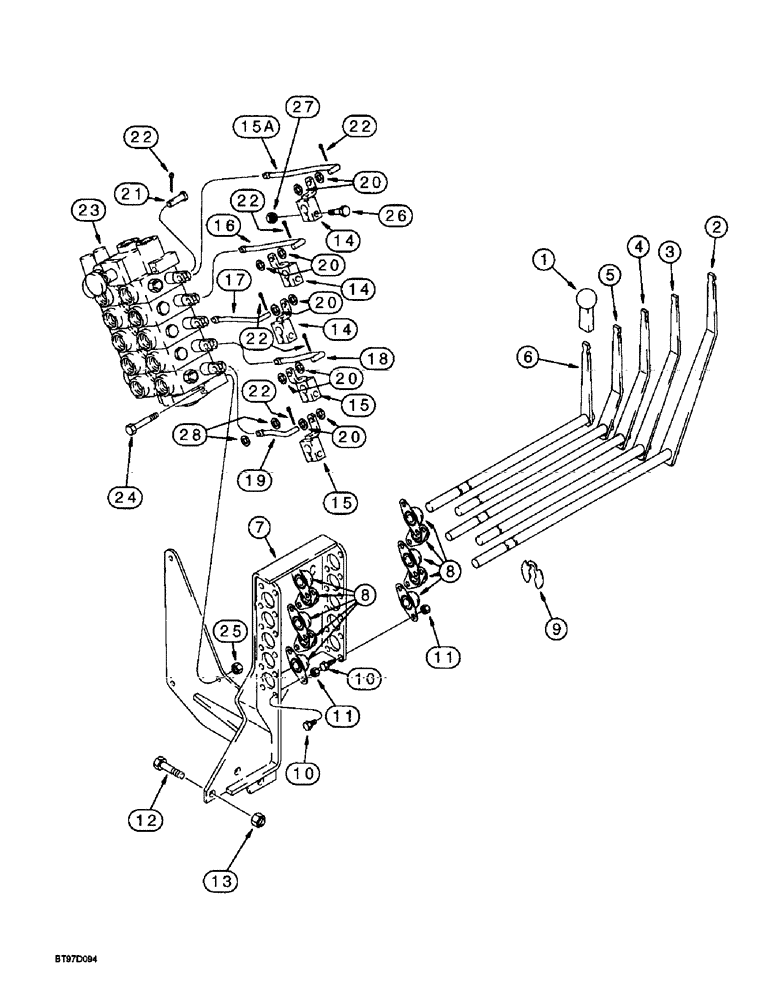 Схема запчастей Case 580L - (9-067A) - THREE-POINT HITCH CONTROLS, (THIRD LEVER, REF 4, IS TILT; FOURTH LEVER,REF. 3 IS PITCH) 570LXT MODEL (09) - CHASSIS/ATTACHMENTS