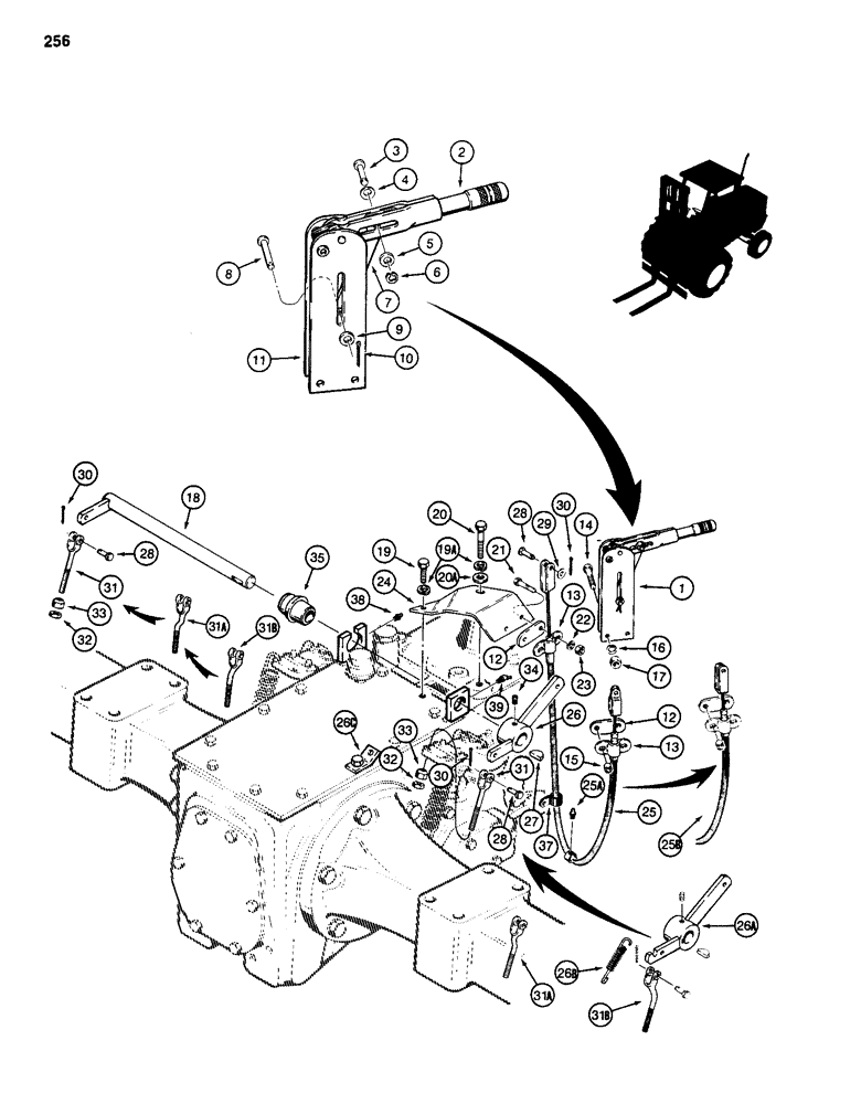 Схема запчастей Case 586D - (256) - PARKING BRAKE LEVER AND LINKAGE, *USED BEFORE TRANSAXLE SN 16270319 (33) - BRAKES & CONTROLS