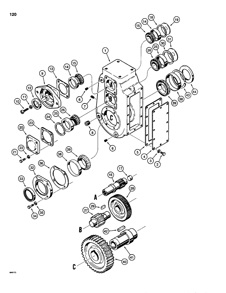 Схема запчастей Case P60 - (120) - H633578 TRANSMISSION, USED ON 30+4 SERIAL NUMBER 1163236 TO 1187336 (21) - TRANSMISSION