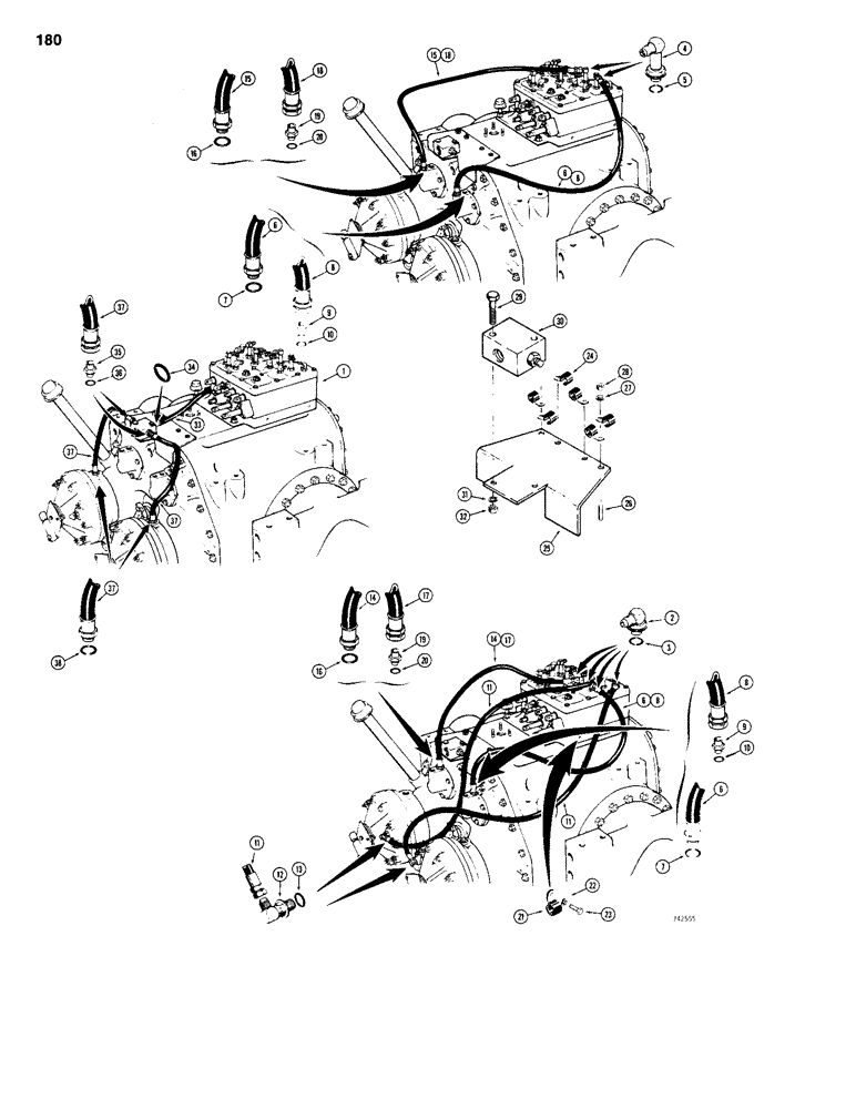 Схема запчастей Case 1150B - (180) - TRANS. HYDRAULIC CIRCUITS, VALVE TO FRONT OF TRANS., A50590 & G35200 TRANS.USED BEFORE S/N 2806173 (03) - TRANSMISSION