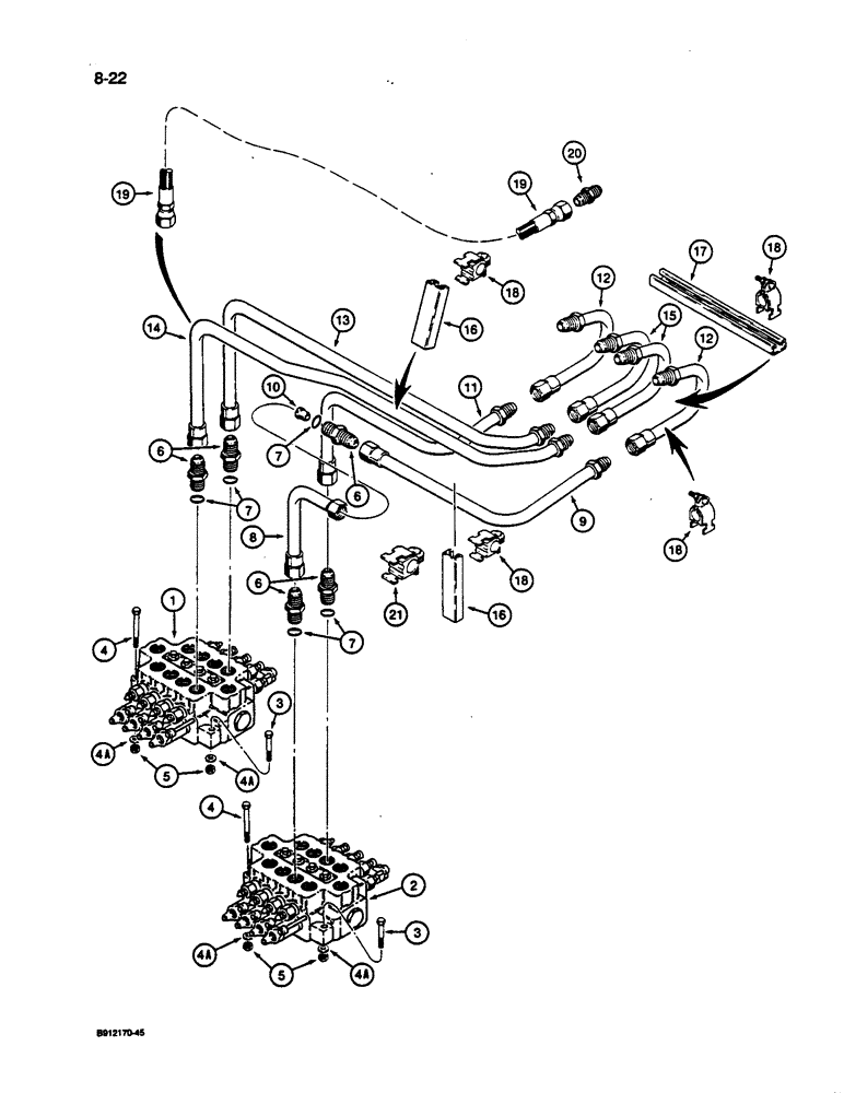 Схема запчастей Case 1187C - (8-22) - ARM AND TOOL CYLINDER CIRCUITS, TUBES FROM CONTROL VALVES AT TURNTABLE (08) - HYDRAULICS
