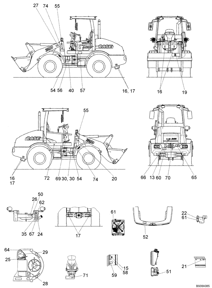 Схема запчастей Case 321D - (91.032[4552896000]) - DECAL KIT CANOPY LOCATION (90) - PLATFORM, CAB, BODYWORK AND DECALS