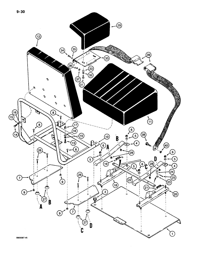 Схема запчастей Case 650 - (9-30) - STANDARD SEAT, ARMRESTS, AND SEAT BELT (09) - CHASSIS/ATTACHMENTS