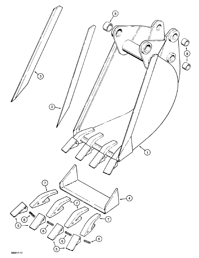 Схема запчастей Case 480F LL - (9-063A) - BACKHOE BUCKETS, 18 INCH (457 MM) AND 24 INCH (610 MM) WIDE TRENCHING BUCKETS & TEETH (09) - CHASSIS/ATTACHMENTS