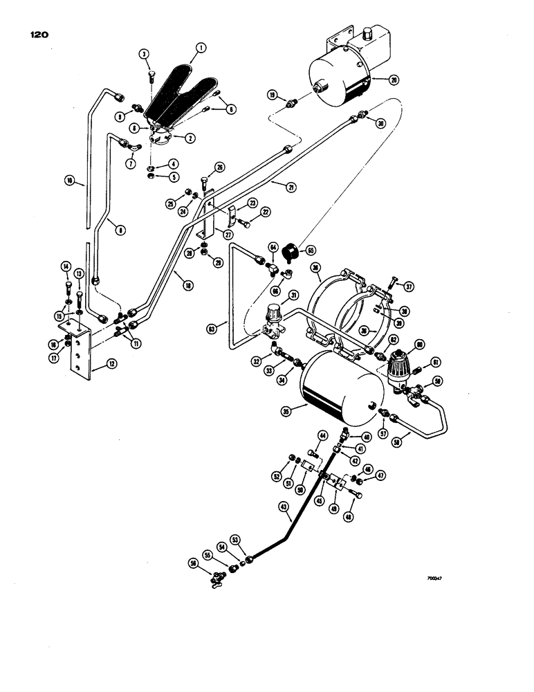 Схема запчастей Case W24 - (120) - BRAKE SYSTEM, TREADLE TO FRONT MASTER CYLINDER AND RESERVOIR (07) - BRAKES