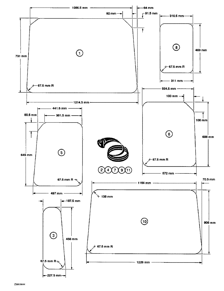 Схема запчастей Case 1155E - (9-092) - ROPS CAB GLASS, METRIC DIMENSIONS (09) - CHASSIS/ATTACHMENTS