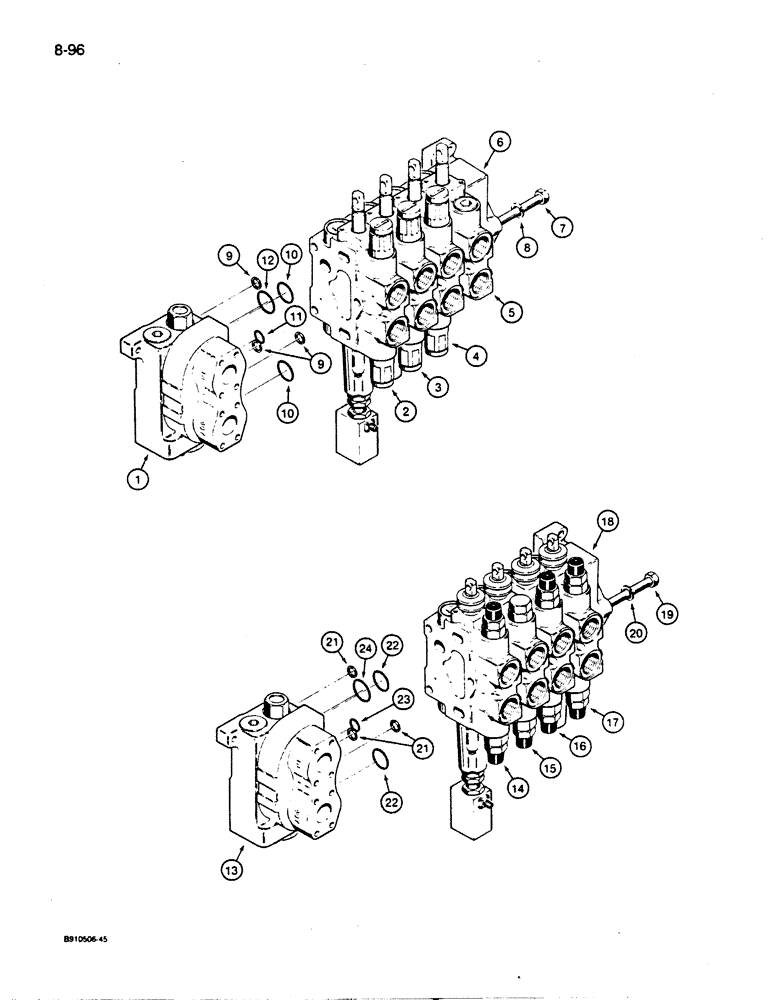 Схема запчастей Case 855D - (8-096) - R40890 & R56562 FOUR SPOOL CONTROL VALVES, LOADER MODELS W/RIPPER & CLAM BUCKET (08) - HYDRAULICS