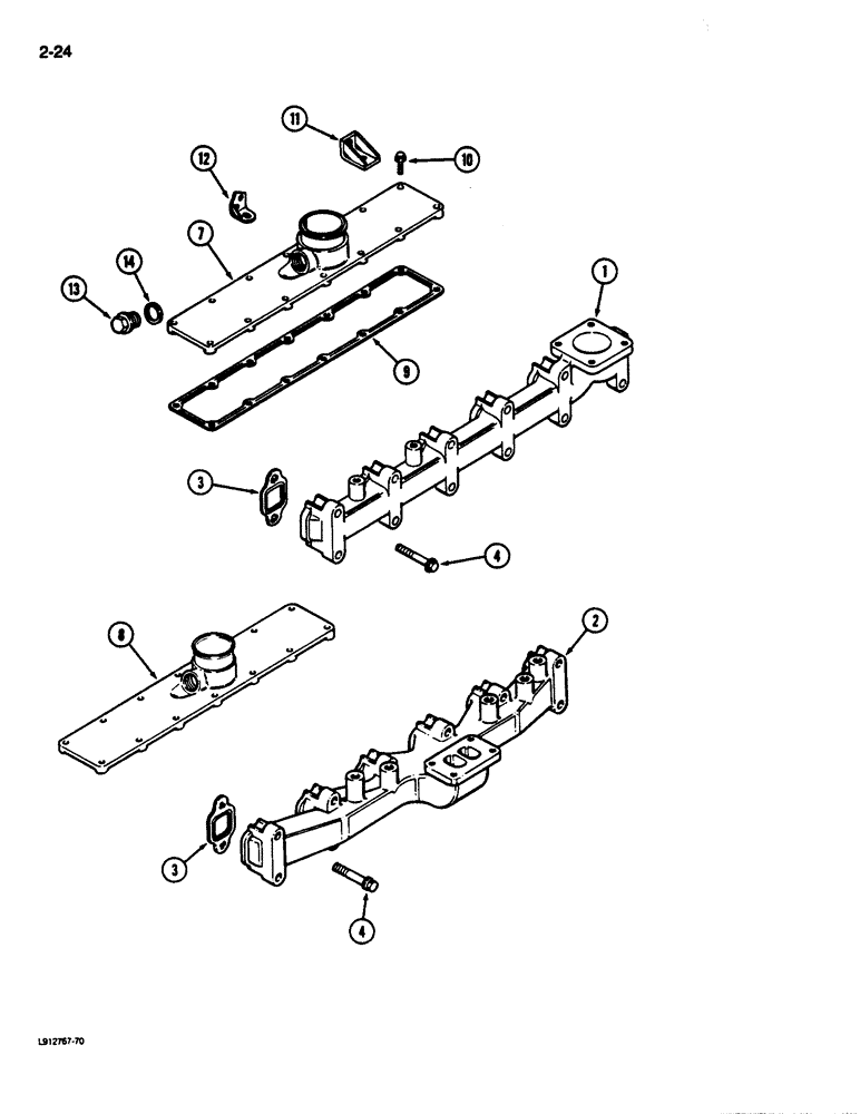 Схема запчастей Case 680L - (2-24) - MANIFOLDS, 6-590 ENGINE, 6T-590 ENGINE, EXHAUST, INTAKE (02) - ENGINE